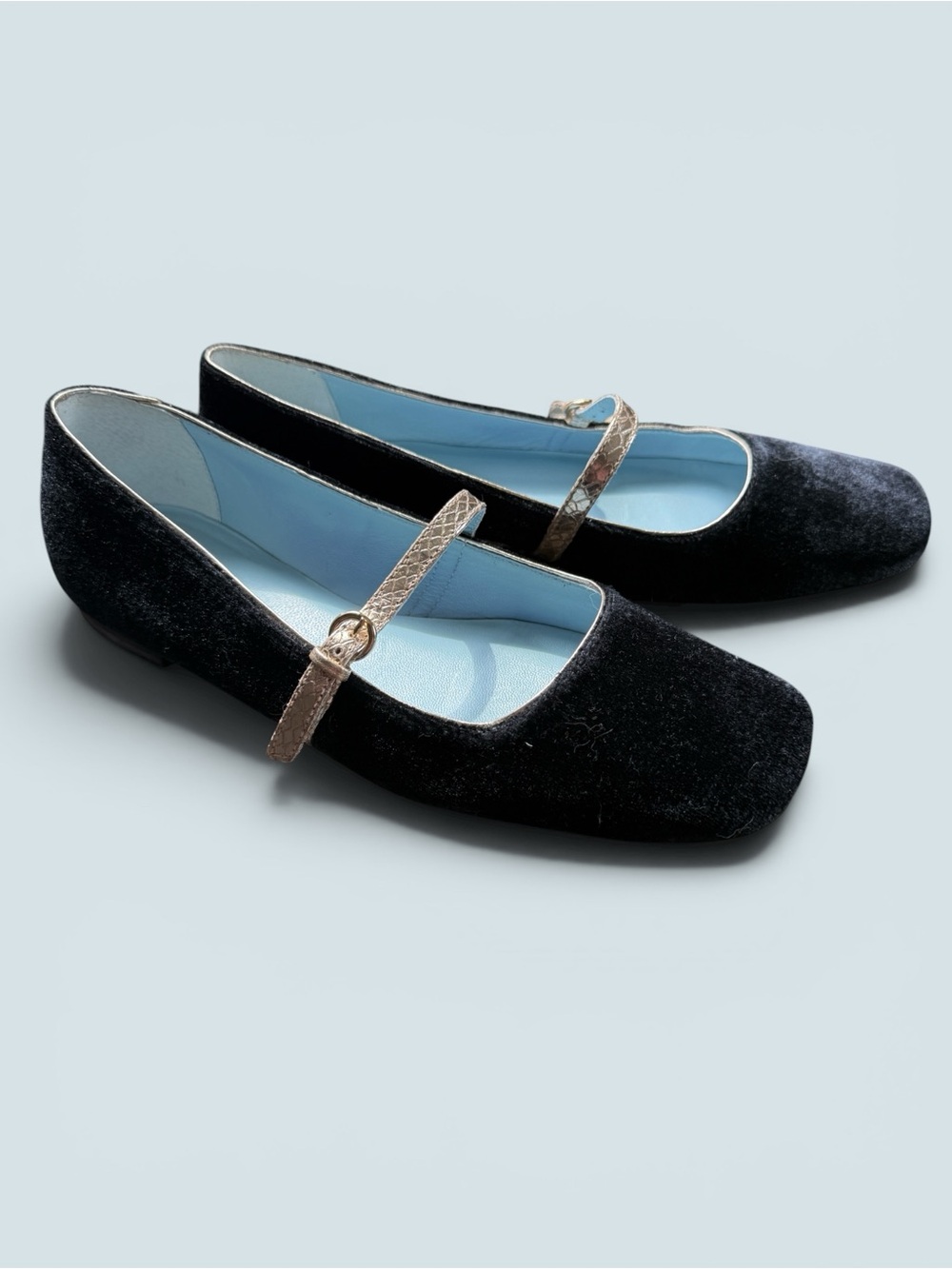 FRANCES VALENTINE Jude Black Velvet Mary Jane Flats Gold Leather Strap 7.5 B